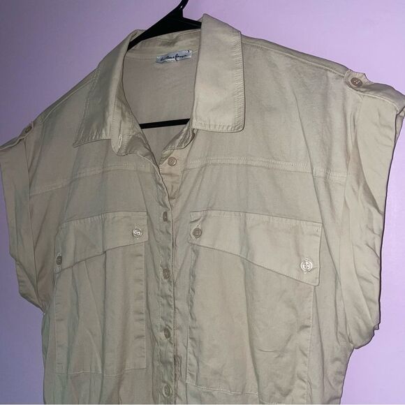 Hunter & Brown M Playsuit Tan Utility Cargo Jumpsuit Poplin Button Collar - Picture 2 of 9